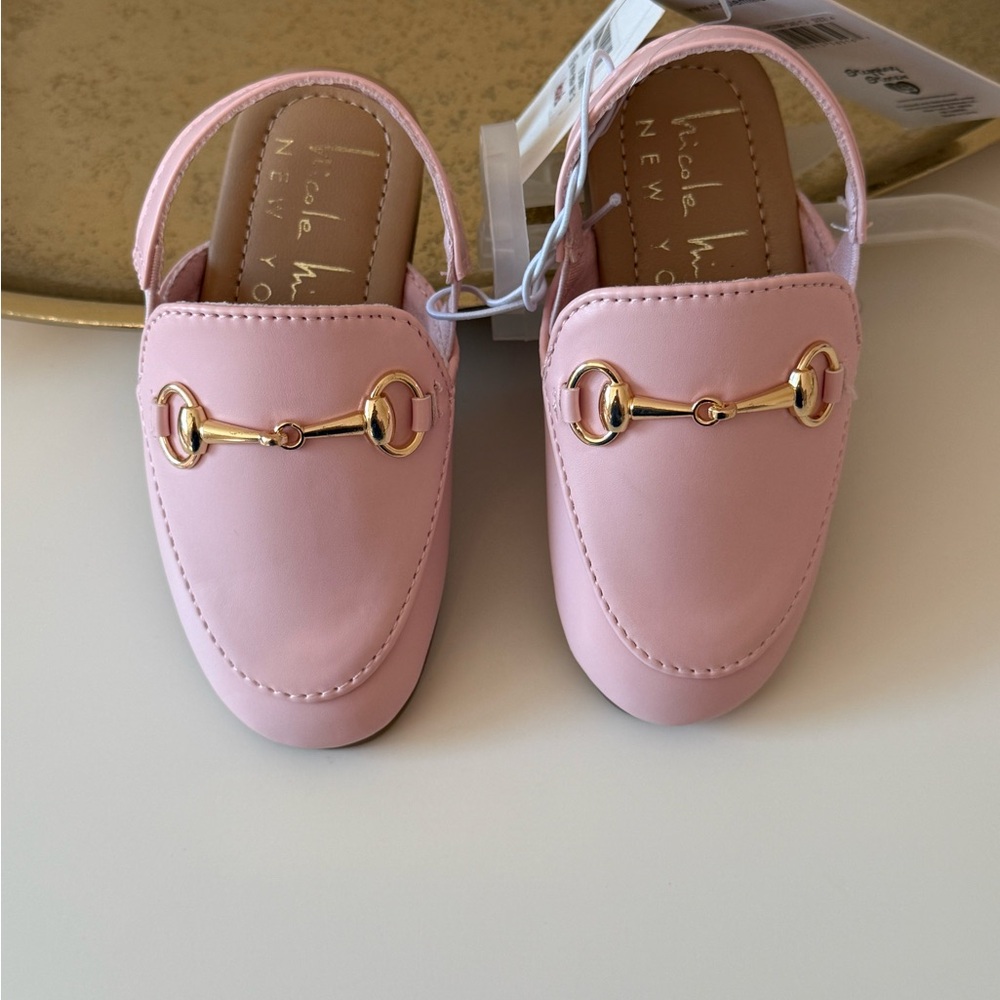 Kids Girls Toddler Shoes Luxury Designer Pink Slip-On Loafers Mules with Gold